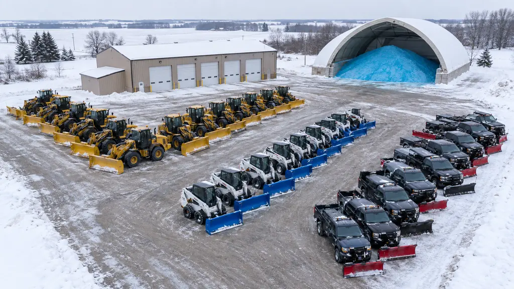 Aerial view of loaders, skid steers and plow trucks lined up at a snowy salt yard