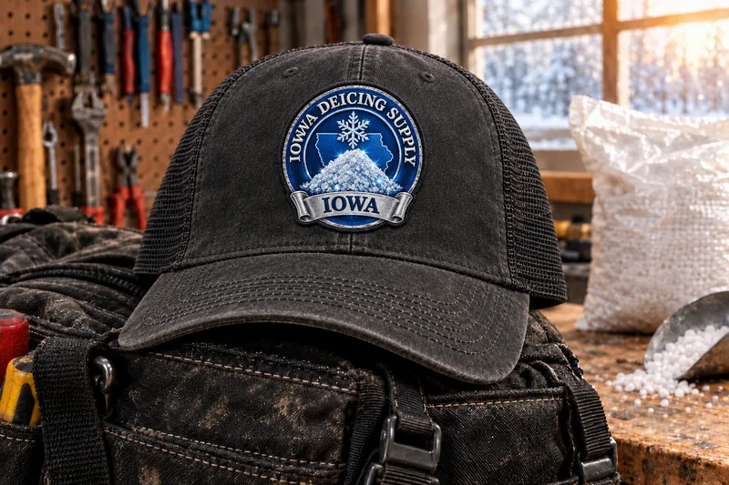 Iowa Deicing Supply trucker cap on a tool bag in a workshop