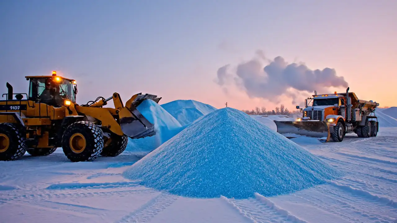 Yellow wheel loader dumping blue treated salt onto a salt pile in the snow at dawn, with a plow truck behind