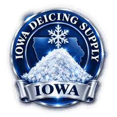Iowa Deicing Supply badge: snowflake and Iowa outline over a salt pile